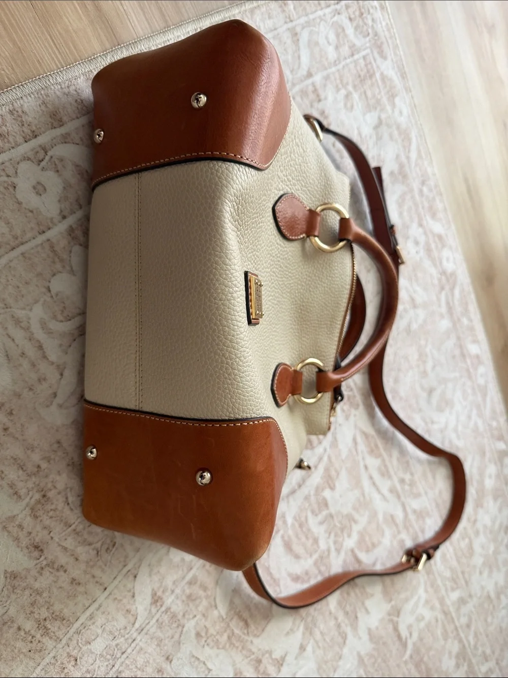 Dooney & Bourke Cream and Brown Pebbled Leather Satchel